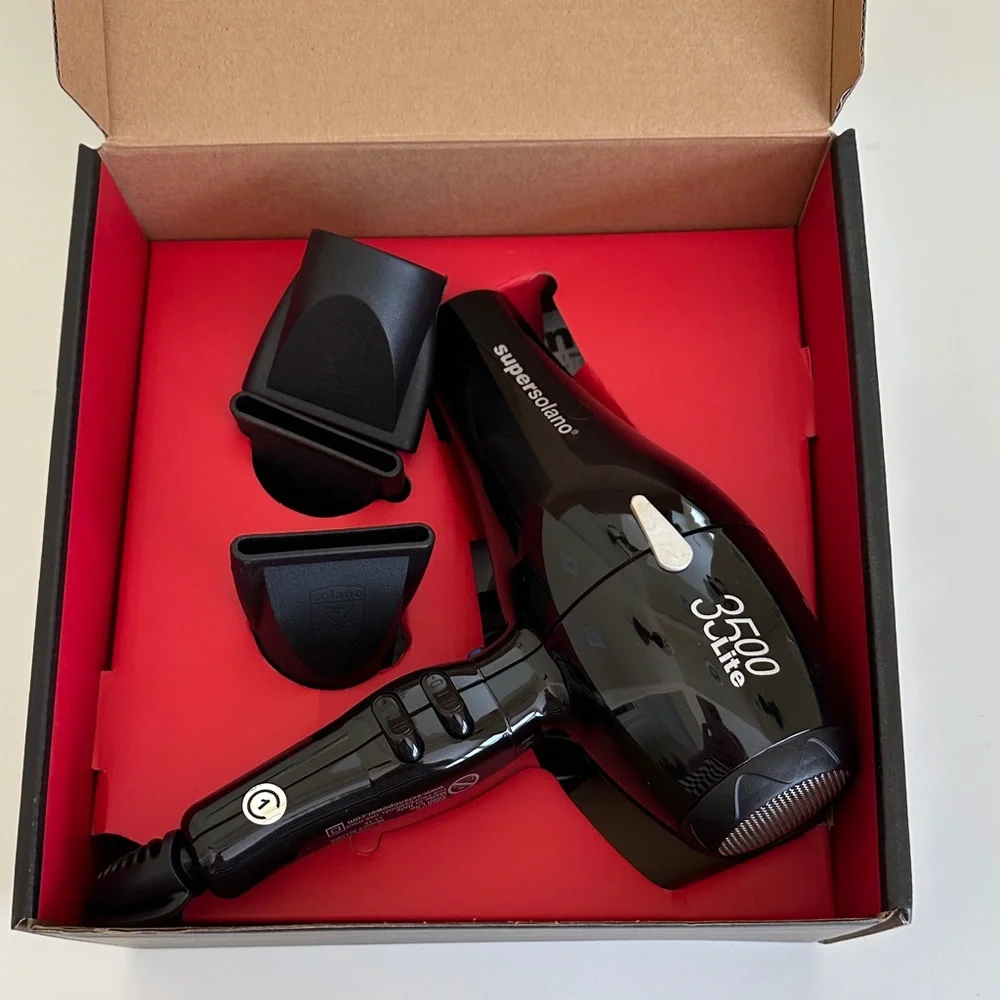 New Super Solano 3500 Lite Hair Dryer with Attachments. In Box.